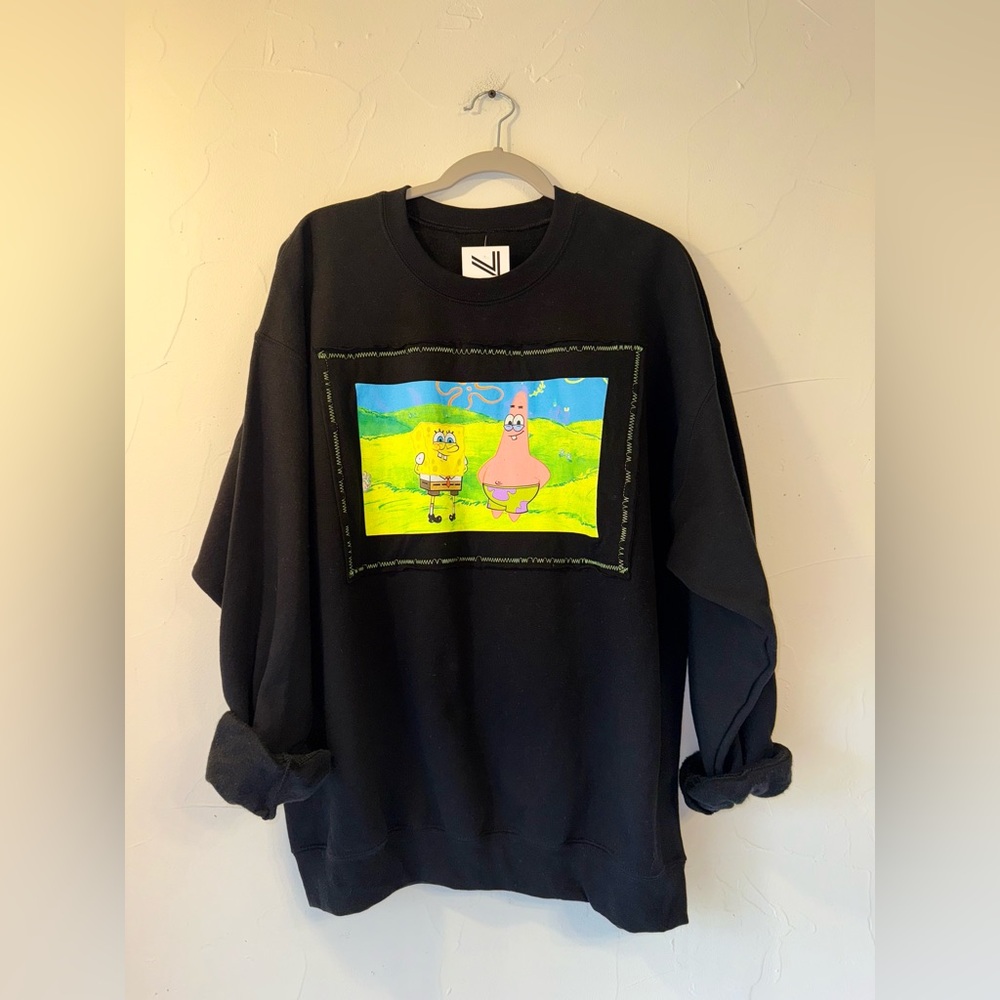 OOAK UPCYCLED SPONGE BOB & PATRICK GRAPHIC TEE & BLACK SWEATSHIRT SZ XL